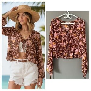 WAYF Brown Floral Mesh Top L Sheer Boho Festival Blouse Summer Vacation